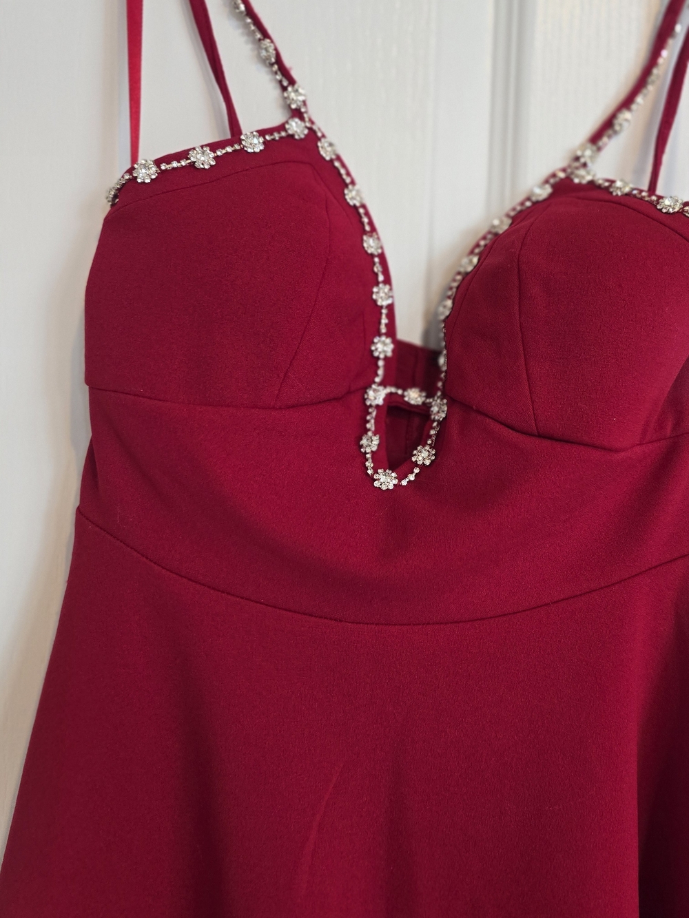 NWT Rhinestone Strap Fit & Flare Mini Dress Raspberry Red XS - Picture 4 of 9
